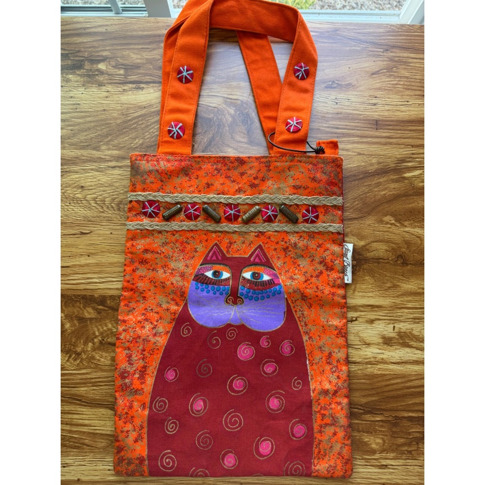 Laurel Burch Artistic Cat Canvas Tote Bag Orange Red Beaded Whimsical Folk Art